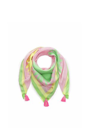 Dreieckiges pastellfarbenes Tuch mit pinken, grünen und gelben Mustern, mit drei pinkfarbenen Quasten an den Ecken, locker zu einer Schlaufe gelegt.