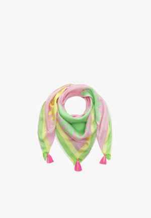 Foulard triangulaire pastel avec des motifs roses, verts et jaunes, comportant trois pompons roses aux coins, disposé en boucle lâche.