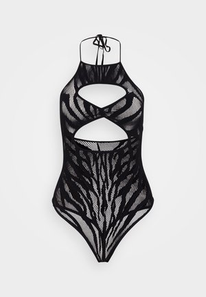 Czarny jednoczęściowy kostium kąpielowy z siateczki z wycięciami, z dekoltem na halter i abstrakcyjnym wzorem w paski na całej powierzchni.