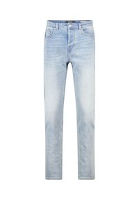 Jeans de mezclilla azul claro con corte recto, cinco bolsillos y cierre de botón clásico. Lavado desgastado con detalles sutiles de arrugas.