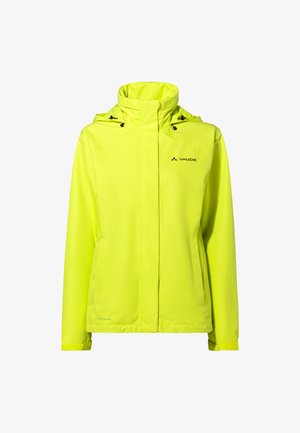 Gelbe wasserfeste Jacke mit hohem Kragen, verstellbarem Hoodie und einem Reißverschluss auf der Vorderseite. Bietet minimale Markenpräsenz und eine glatte Textur.