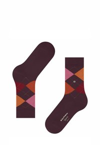 Chaussettes marron avec un motif argyle dans des nuances d'orange, de rose et de rouge. Fabriquées en tissu tricoté lisse avec un talon et une pointe renforcés.