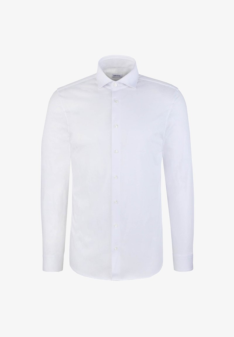 Chemise habillée blanche pour homme à manches longues avec fermeture à boutons et col pointu, présentée sur un fond blanc uni.
