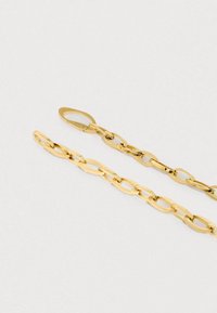 Lanț metalic aurit cu link-uri ovale, având un finisaj texturat și un clips la un capăt. Lanțul are o lățime uniformă și un aspect lustruit.