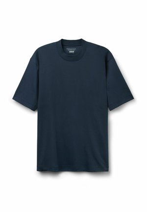 Navyblaues Kurzarm-T-Shirt mit Rundhalsausschnitt aus Premium-Baumwolle, flach auf weißem Hintergrund liegend.