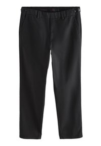 Pantalon noir en tissu lisse, avec une coupe droite, deux poches avant et deux boutons au niveau de la ceinture.