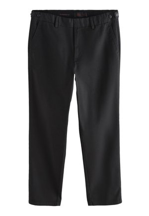 Black pants made of smooth fabric, featuring a straight cut, two front pockets, and two button closures at the waistband.