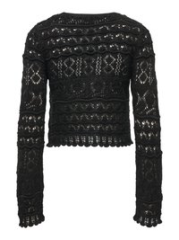 Fekete hosszú ujjú horgolt felső, mely bonyolult nyitott kötésmintákkal és hullámos szegéllyel rendelkezik, hátulról bemutatva.