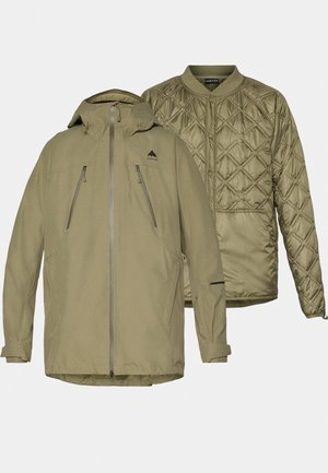 To olivegrønne jakker, den ene med hætte og lynlåse, den anden i kviltet bomberstil, begge med minimalistisk design og robust stof.