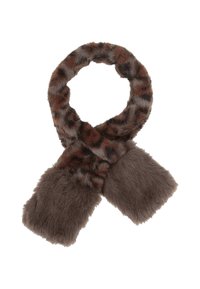 Prantsuse karusnahast sall pruunis, leopardimustriga, pehme tekstuuriga ja laiad otsad, mis tagavad soojuse. Ringikujuline kujundus mugavaks kandmiseks.