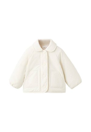 Veste blanche matelassée avec un col arrondi, des boutons-pression et deux poches avant. Tissu doux et manches bouffantes.