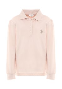 Polo a maniche lunghe rosa chiaro in cotone texturizzato, con colletto classico, patta con tre bottoni e dettaglio logo ricamato.