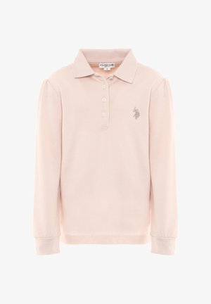 Polo a maniche lunghe rosa chiaro in cotone texturizzato, con colletto classico, patta con tre bottoni e dettaglio logo ricamato.