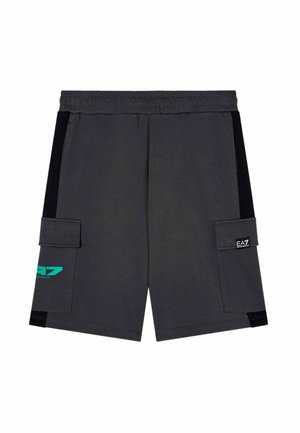Pantaloncini grigio scuro con strisce laterali nere, vita elasticizzata e due tasche con patta, una con logo EA7 Armani turchese.