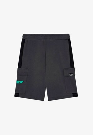 Pantaloncini grigio scuro con strisce laterali nere, vita elasticizzata e due tasche con patta, una con logo EA7 Armani turchese.