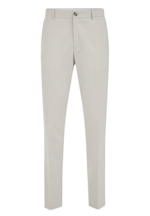 Gaiši bēšas plānas formālas bikses ar jostas cilpām, vienu pogu aizdari un plakanu priekšpusi.