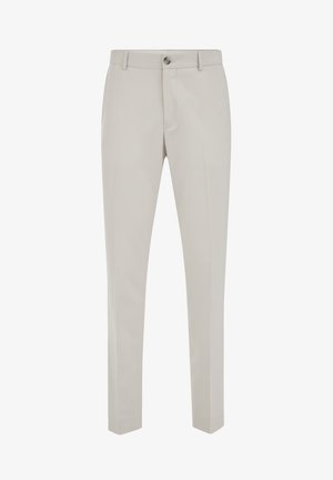 Pantalon formel beige clair à coupe slim avec passants de ceinture, fermeture à un bouton, et design à l'avant plat.