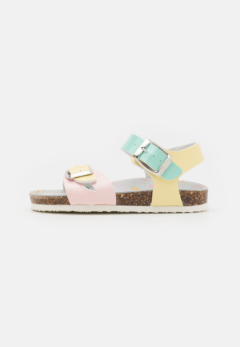 Flerfärgade sandaler med en design i rosa, gult och mintgrönt. Har två justerbara remmar och en fotbädd av kork med en texturerad sula.