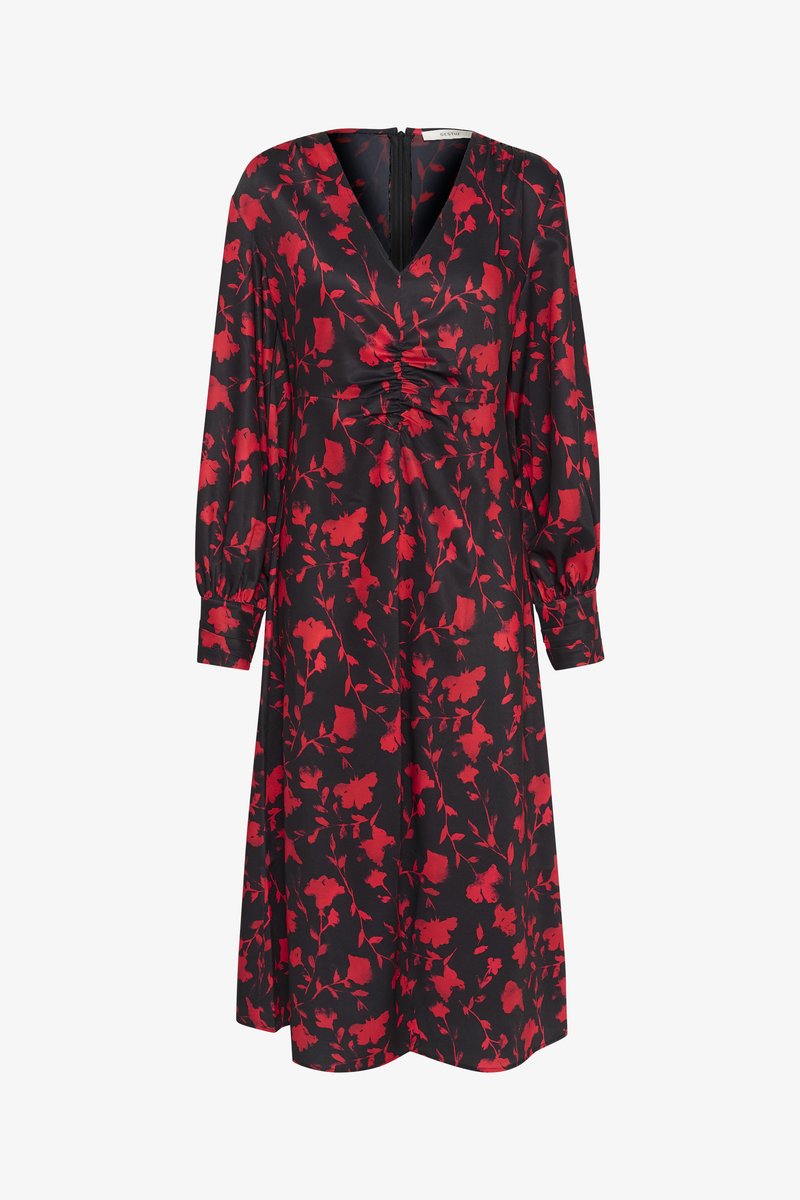 Schwarzes Kleid mit rotem Blumenmuster, V-Ausschnitt, geraffter Taille und langen Puffärmeln. Verfügt über einen Reißverschluss im Rücken für ein einfaches An- und Ausziehen.