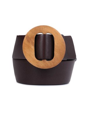 Dark brown leather belt with a wide tan wooden circular buckle, displayed coiled against a white background.