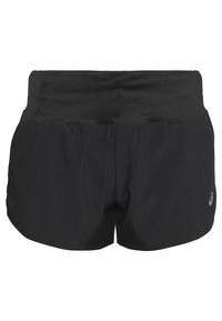Svarta idrottsshorts med en slät textur, elastisk midja och sidoklipp för rörlighet. Har en liten logotyp på vänster sida.