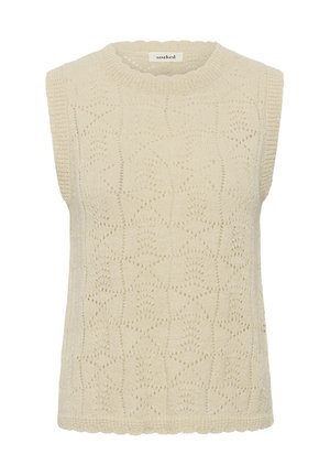 Ærmeløs beige strikket vest med bølgede kanter og indviklet geometrisk og blomsteråbent mønster, rund halsudskæring og "soaked" mærke inde i kraven.