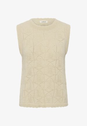 Bež bezrukavna pletena prsluk s valovitim rubovima i složenim geometrijskim i cvjetnim otvorenim uzorkom, okruglim izrezom i naljepnicom "soaked" unutar ovratnika.