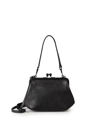 Borsa a mano in pelle nera con cornice superiore arrotondata e chiusura a sfera, dotata di manico corto e tracolla lunga removibile per portarla a spalla o a tracolla.