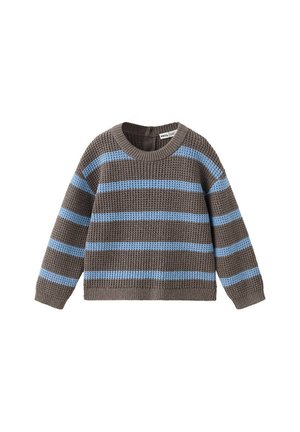 Grau gestrickter Pullover mit blauen horizontalen Streifen, rundem Ausschnitt und langen Ärmeln.