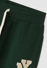 Zielone bawełniane spodnie dresowe z ryżowym pasem, sznurkiem i dużym beżowym logo "NY" z przodu. Miękka tekstura i swobodny design.