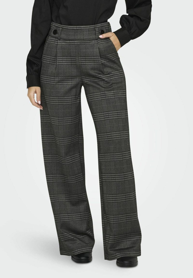 Black and gray plaid high-waisted wide-leg trousers with two front pockets and button accents on the waistband. Smooth fabric texture.