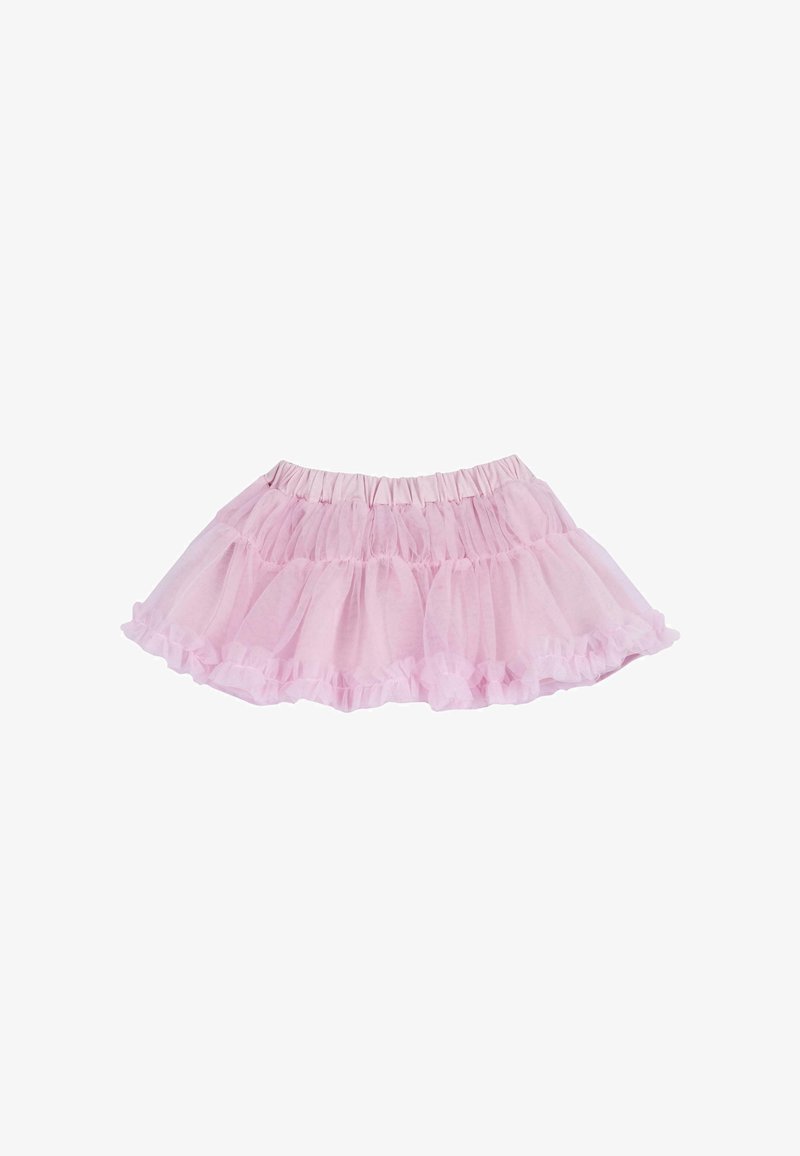 Jupe en tulle rose avec des volants superposés, taille élastique et texture douce et légère. Forme circulaire conçue pour le mouvement et le confort.