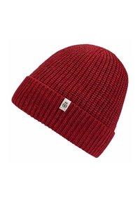 Red knitted beanie with a ribbed texture and a folded cuff. Features a small logo tag on the side. Soft material for warmth and comfort.