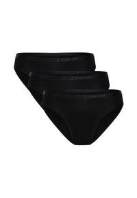 Ensemble de trois slips en coton noir, avec une texture lisse et une taille élastique arborant un logo subtil dans un design minimaliste.