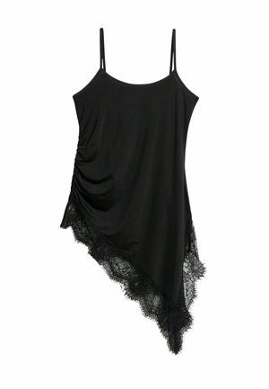 Czarny asymetryczny top bez rękawów z cienkimi ramiączkami, marszczeniem po bokach oraz delikatną koronkową lamówką wzdłuż ukośnego dołu.