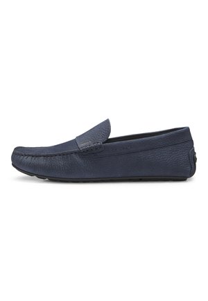 Navy blue leather loafers with a textured finish, slightly pointed toe, and stitched detailing on the upper. Rubber sole for grip.
