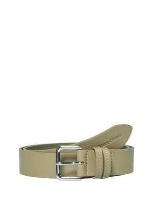 Beige leather belt with a smooth finish, featuring a silver metal buckle and stitched accents. The brand name is embossed on the leather.