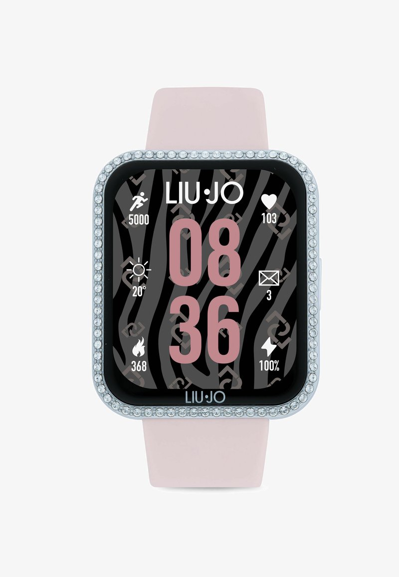 Smartwatch con schermo rettangolare, sfondo a strisce zebrate nere, numeri rosa e cornice impreziosita da cristalli. Cinturino rosa pallido.