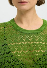 Suéter verde de punto con un patrón de encaje texturizado. Presenta un cuello redondo y detalles de calado intrincados en diversas formas.
