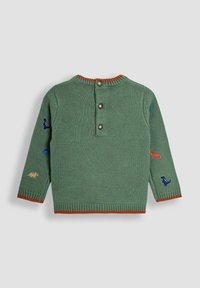 Grüner gestrickter Kinderpullover mit orangefarbenen Details, Dinosaurier-Stickerei auf den Ärmeln und drei Knöpfen am Nackenverschluss hinten.
