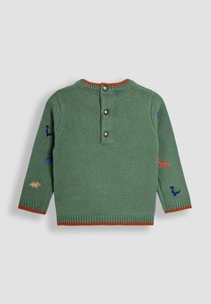 Grüner gestrickter Kinderpullover mit orangefarbenen Details, Dinosaurier-Stickerei auf den Ärmeln und drei Knöpfen am Nackenverschluss hinten.
