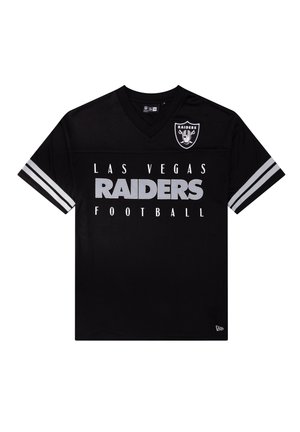 Schwarzes Fußballtrikot aus atmungsaktivem Netzgewebe. Mit "Las Vegas Raiders Football" in Weiß, silbernen Streifen an den Ärmeln und Logo.