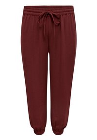 Burgundy byxor med elastisk midja och dragsko, med en avslappnad passform, ribbade mudd och en krinklad textur.