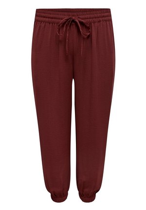 Bordeauxkleurige broek met elastische tailleband en trekkoord, met een ontspannen pasvorm, ribgebreide manchetten en een gekreukt textuur.