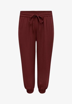 Burgundowe spodnie z elastycznym paskiem i sznurkiem, o luźnym kroju, z prążkowanymi mankietami i zdobione marszczonym teksturem.