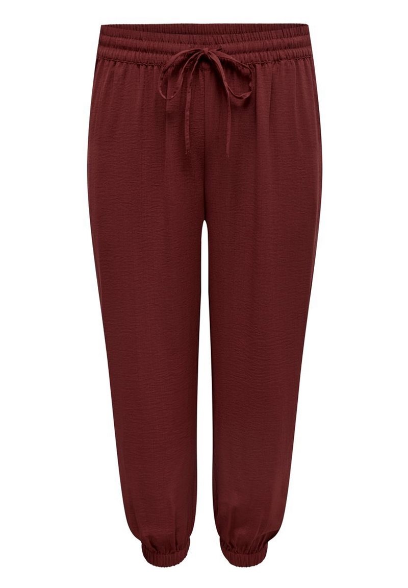 Burgundy byxor med elastisk midja och dragsko, med en avslappnad passform, ribbade mudd och en krinklad textur.