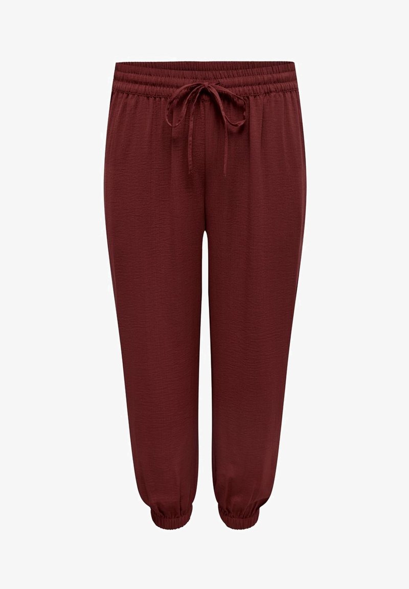 Burgundy byxor med elastisk midja och dragsko, med en avslappnad passform, ribbade mudd och en krinklad textur.