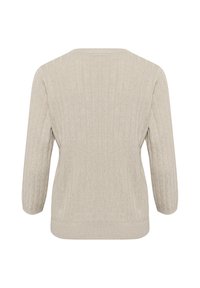 Maglione beige lavorato a maglia con una texture a costine, maniche a tre quarti e scollatura rotonda, caratterizzato da una vestibilità comoda e materiale morbido.