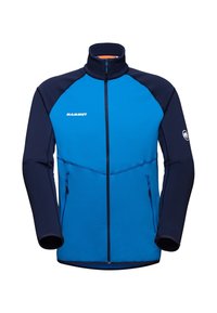 Fleece-jack met een helderblauwe body en marineblauwe mouwen, hoge kraag, voorrits en ritszakken aan de zijkanten. Branding op de linkerborst.