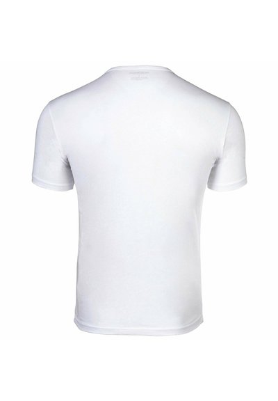 T-shirt blanc à manches courtes avec un col rond et une texture lisse. Présente un dos uni sans branding ni motifs visibles.